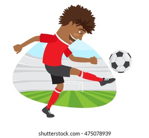 Vector illustration Funny African American soccer football player wearing red t-shirt running kicking a ball and smiling