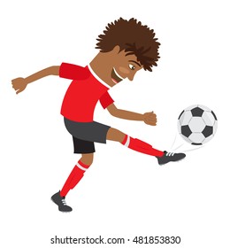 Vector illustration Funny African American soccer football player wearing red t-shirt running kicking a ball and smiling