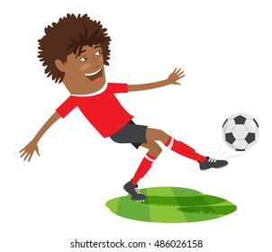 Vector illustration Funny African American soccer football player wearing red t-shirt running kicking a ball and smiling