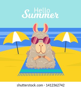 Vector illustration of funny alpaca llama in sunglasses sunbathing in summer vacation