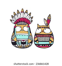 Vector Illustration. Funny  american indian owls.