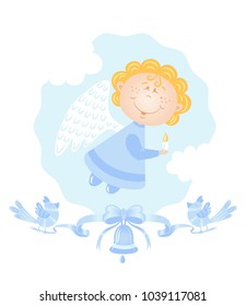 Vector illustration of the funny angel with blue ribbon and bell.