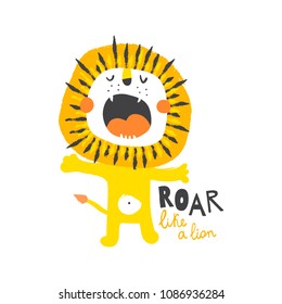 vector illustration, funny angry roaring lion and hand lettering text