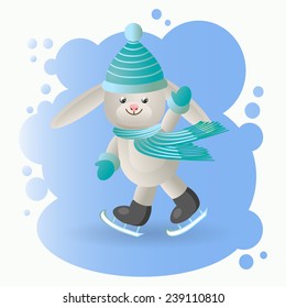 Vector, illustration, funny animal bunny wearing a hat, scarf, mittens, on skates