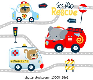 Vector illustration of funny animals cartoon on rescue vehicles, traffic elements cartoon