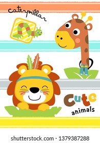 Vector illustration of funny animals cartoon on colorful striped background