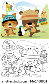 Vector illustration of funny animals cartoon going to school, coloring book or page