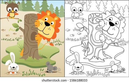 vector illustration of funny animals cartoon playing hide and seek in forest, coloring book or page