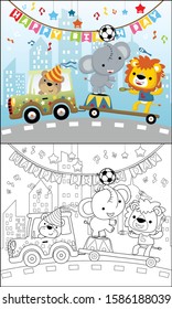 Vector Illustration Of Funny Animals Cartoon, Circus Parade On Car, Coloring Book Or Page