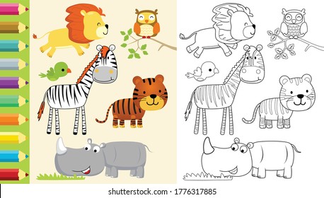 Vector illustration of funny animals cartoon, coloring book or page