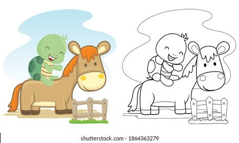 Vector illustration of funny animals cartoon. Turtle riding horse. Coloring book or page