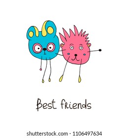 Vector illustration with funny animals and lettering “Best friends”