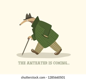 Vector illustration of funny anteater in retro every-man outfit hasting in a city street. Beautiful design elements, funny animal illustration