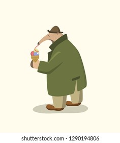 Vector illustration of funny anteater in retro every-man outfit eating an ice cream in a city street. Beautiful design elements, funny animal illustration