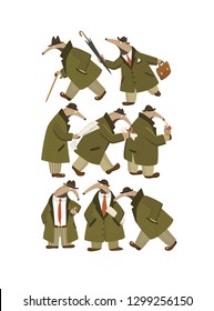 Vector illustration of funny anteaters in retro every-man outfit in a city street. Beautiful design elements, funny animal illustration