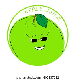 Vector illustration funny apple cartoon character in a round frame with handwritten words Apple Juice against white background