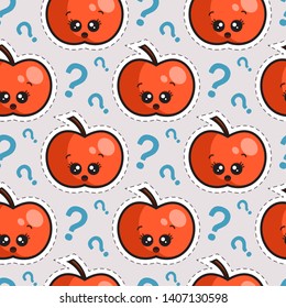 Vector illustration of the funny apple sticker. Kawaii apple emoj. Seamless pattern