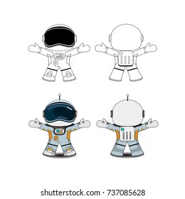 Vector illustration. Funny astronaut. In different poses. Forward, backwards. 