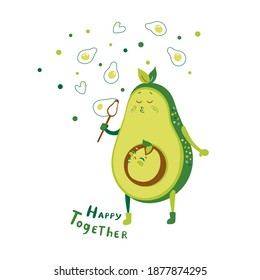 Vector illustration of funny avocado with bone blow bubbles. Happy together lettering. The design is isolated on a white background.