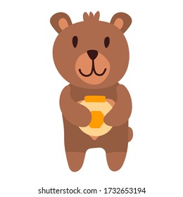 Vector illustration, funny baby bear likes to eat honey from a pot. Cute bear cartoon hand drawn vector illustration in flat style with a jar of honey. Can be used for printing on t-shirts, children s