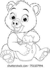 Vector illustration, funny baby bear likes to eat honey from a pot
