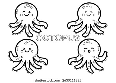 Vector illustration of Funny Baby Octopus Doodles, Hand Drawn Set for Kids Stickers and Prints