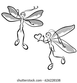 Vector illustration, funny baby pictures. Two dragonflies, a man and a woman. Dragonfly with a heart offers love and friendship. Family situation, clarification of relationships