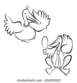 Vector illustration, funny baby pictures. Two Pelican, a man and a woman. Pelican-lady and knight of the Pelican, adult pelicans have the intention to meet. The situation in the family.