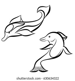 Vector illustration, funny baby pictures. Dolphins are the most intelligent and friendly marine animals. Black and white sketch.