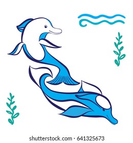 Vector illustration, funny baby pictures. Blue dolphins playing in the sea, in the waves of swaying seaweed