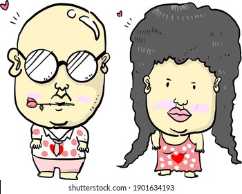 Vector Illustration Of funny bald man with girlfriend to celebrate valentine