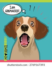 Vector illustration of a funny beagle with a stunned expression, open mouth, big eyes, a speech bubble saying 