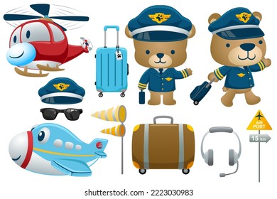 Vector illustration of funny bear cartoon in pilot costume, flight elements