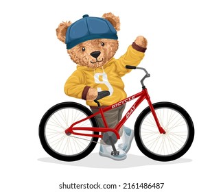 Vector illustration of funny bear doll cartoon with bicycle