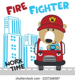 Vector illustration of funny bear firefighter on fire truck. Creative vector childish background for fabric, textile, nursery wallpaper, card, poster and other decoration