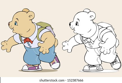 Vector illustration, funny bear going to school, cartoon concept.