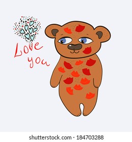 Vector illustration funny bear with kisses on it.Cute bear with cloud of hearts.