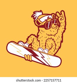 vector illustration of a Funny bear on a snowboard makes bales, cartoon style, logo