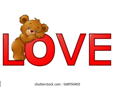 Vector illustration of Funny bear on the red word "love"