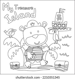 Vector illustration of funny bear pirate with treasure chest, Childish design for kids activity colouring book or page.