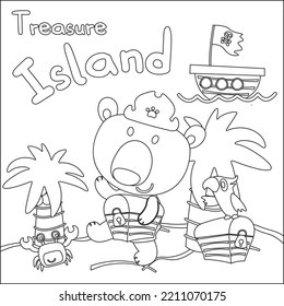 Vector illustration of funny bear pirate with treasure chest, Childish design for kids activity colouring book or page.