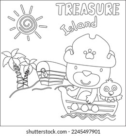 Vector illustration of funny bear pirate with treasure chest, Childish design for kids activity colouring book or page.
