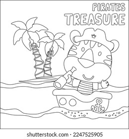 Vector illustration of funny bear pirate with treasure chest, Childish design for kids activity colouring book or page.