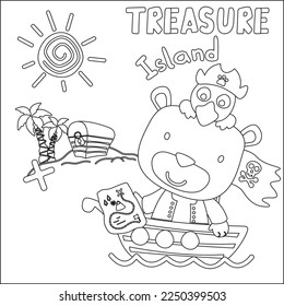 Vector illustration of funny bear pirate with treasure chest, Childish design for kids activity colouring book or page.
