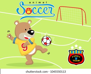 Vector illustration of funny bear play soccer, football element cartoon