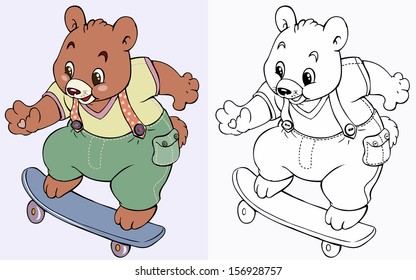 Vector illustration, funny bear skating, coloring drawing, cartoon concept.