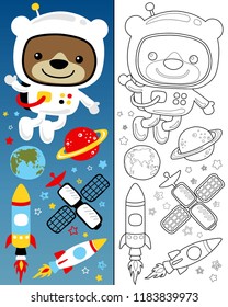 Vector illustration of funny bear wearing astronaut costume with space elements cartoon. Coloring book or page.