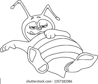 Vector illustration with funny bee. Gluton in rest, lies on the back. Cartoon characters, coloring outline