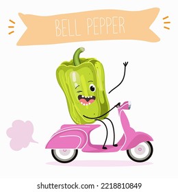 Vector illustration of funny bell pepper cartoon character on scooter, healthy food, ingredient, design for kids t-shirt.