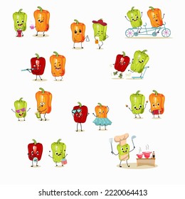Vector illustration of funny bell pepper cartoon character on scooter, healthy food, ingredient, design for kids t-shirt.